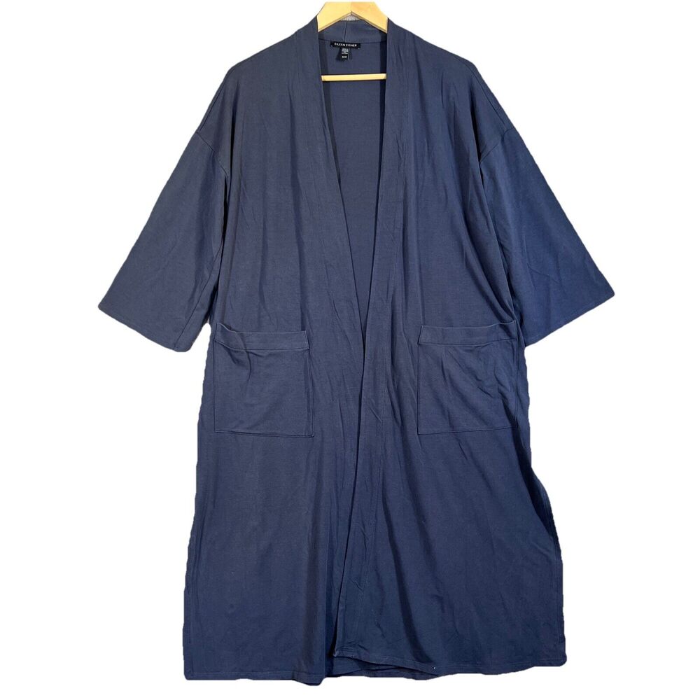Eileen Fisher Robe Womens XS Blue Open Front 1/2 Sleeve Pockets Tencel Stretch